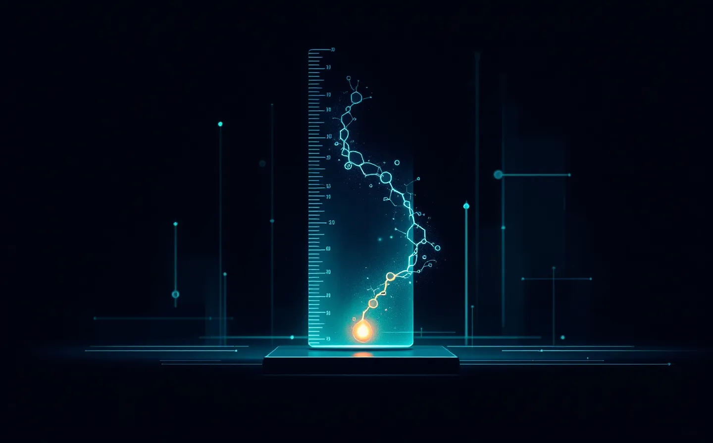 A graduated titration gauge with a teal GHRH chain and a short amber secretagogue cluster converging on a near-black grid